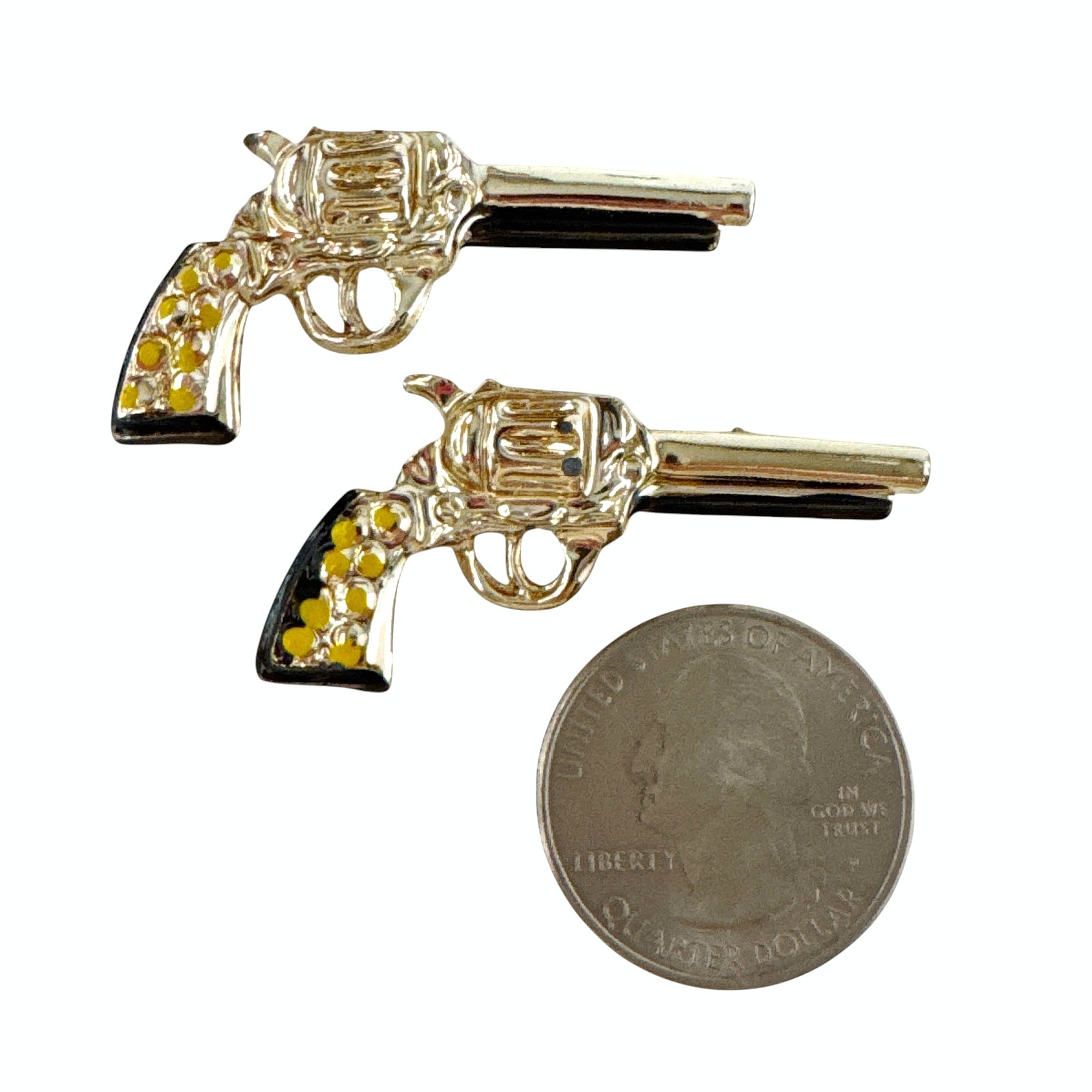 Pistol Handgun Brooch Pin Set of Two – Gold Tone & Enamel w/ Safety Clasps