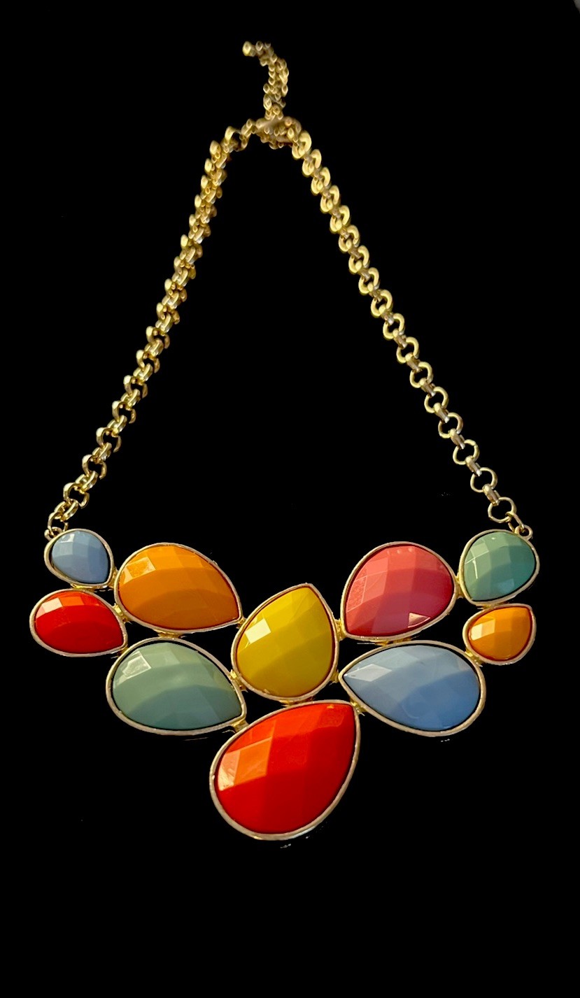 Vintage Goldtone Multicolor Faceted Teardrop Acrylic Stone Collar Necklace NK#3