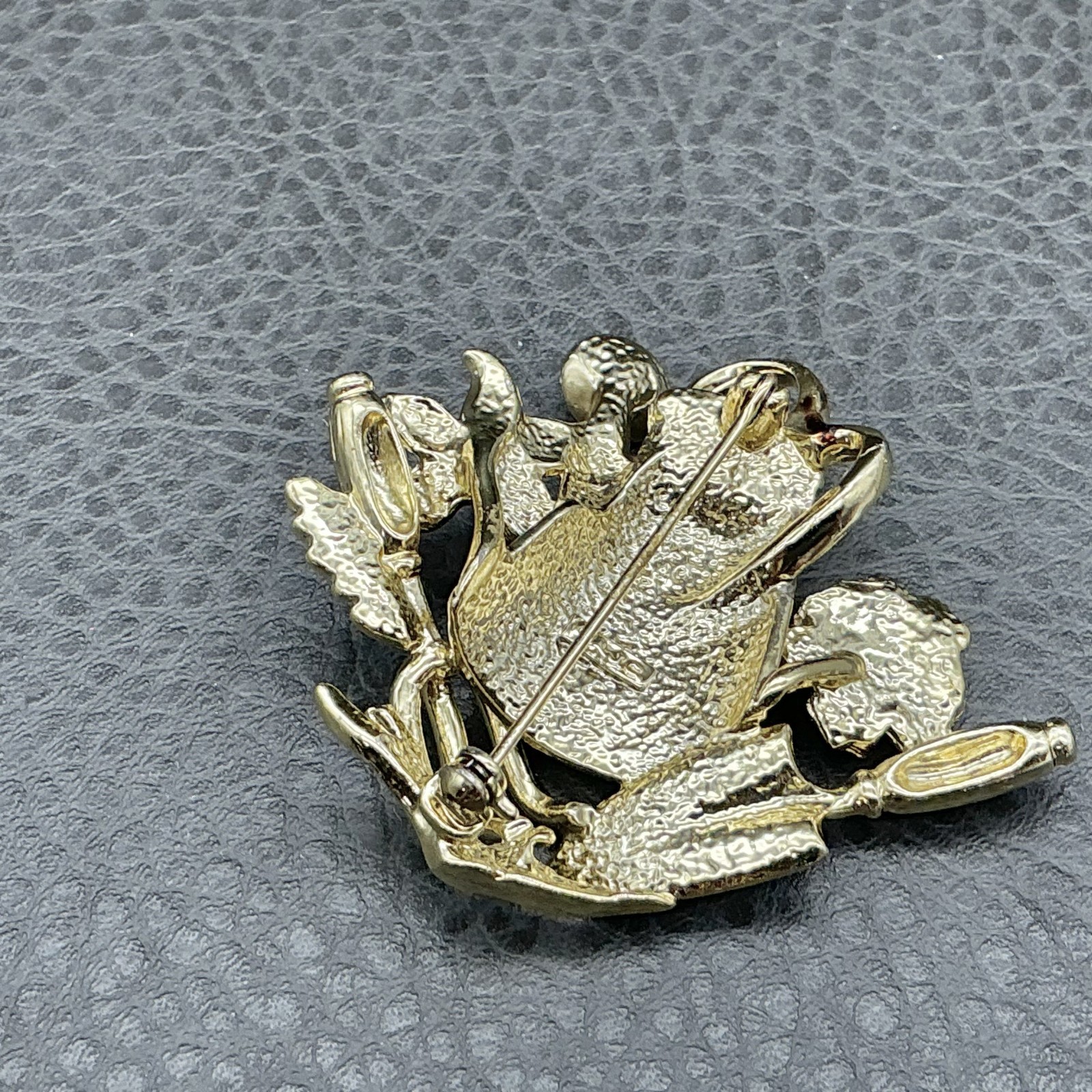 Vintage AJC Brooch Gardening Tools Flowers Watering Can Gold Tone 2 Inch Pin