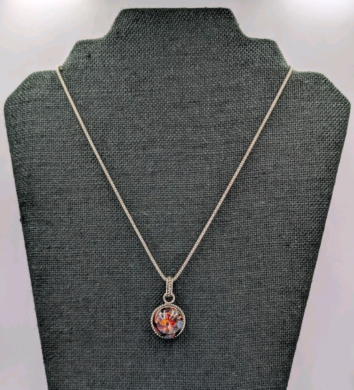 Vtg Sterling Silver Multi Color Art Glass Dome Pendant 18″ Popcorn 925 Necklace