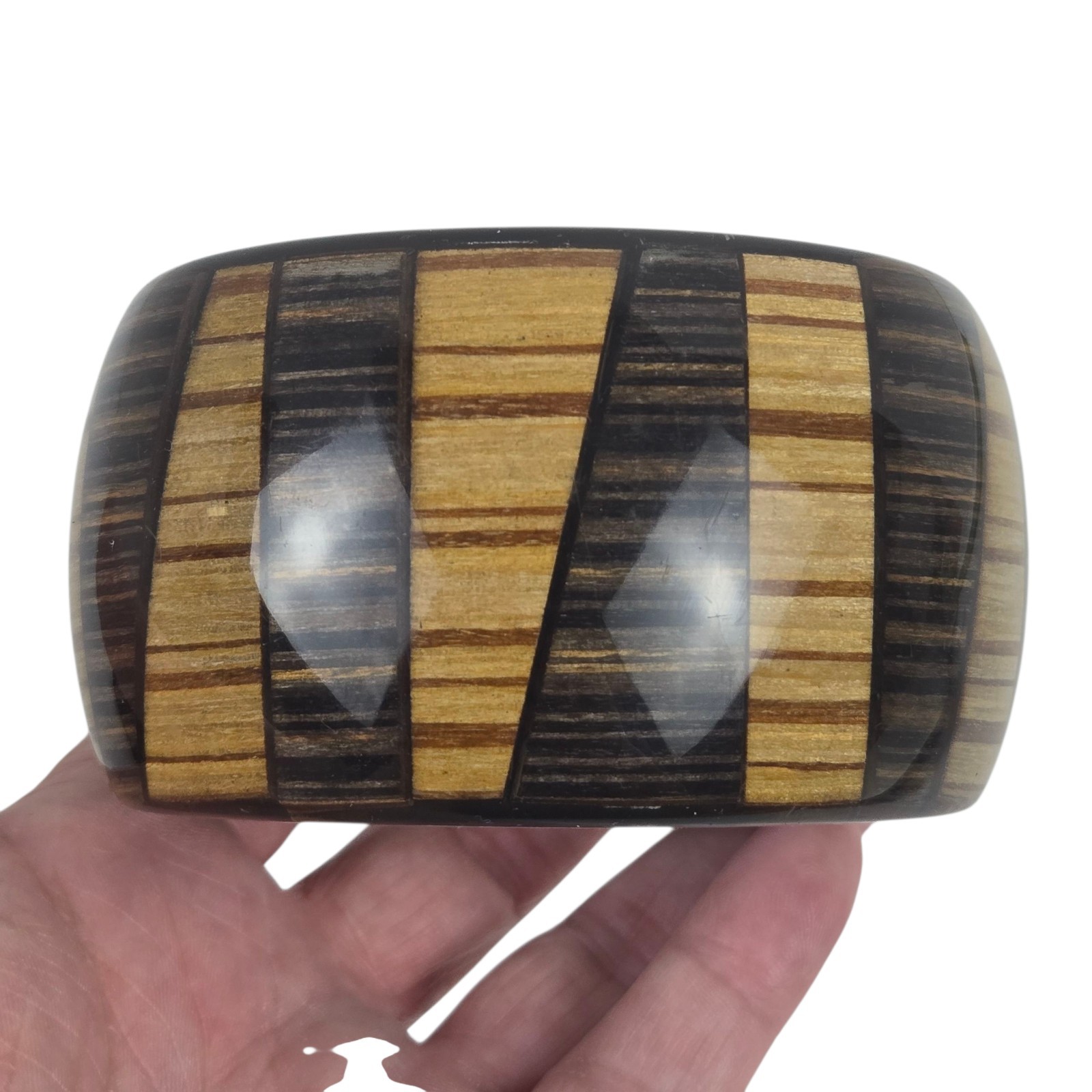 Vintage Bracelet Bangle Wide Lucite Plastic Woodgrain and Stripe Pattern EUC