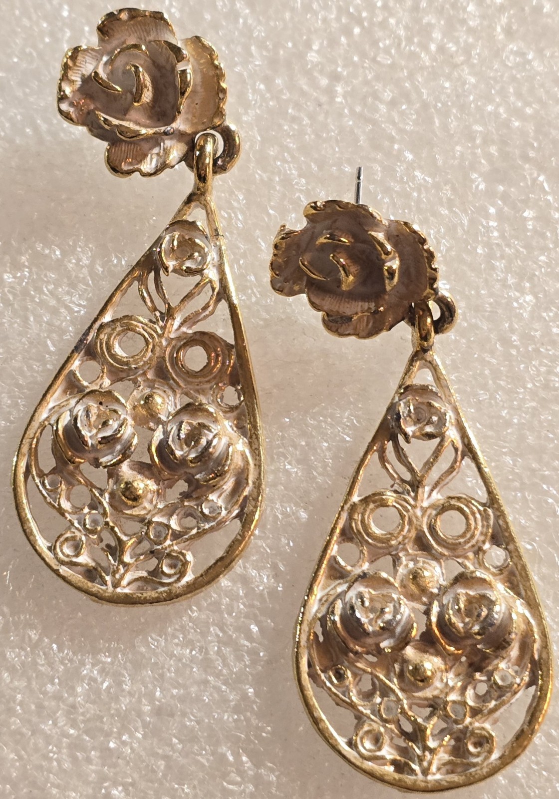 Vintage White Enamel Roses Cannetille Etruscan style Drop Pierced Earrings