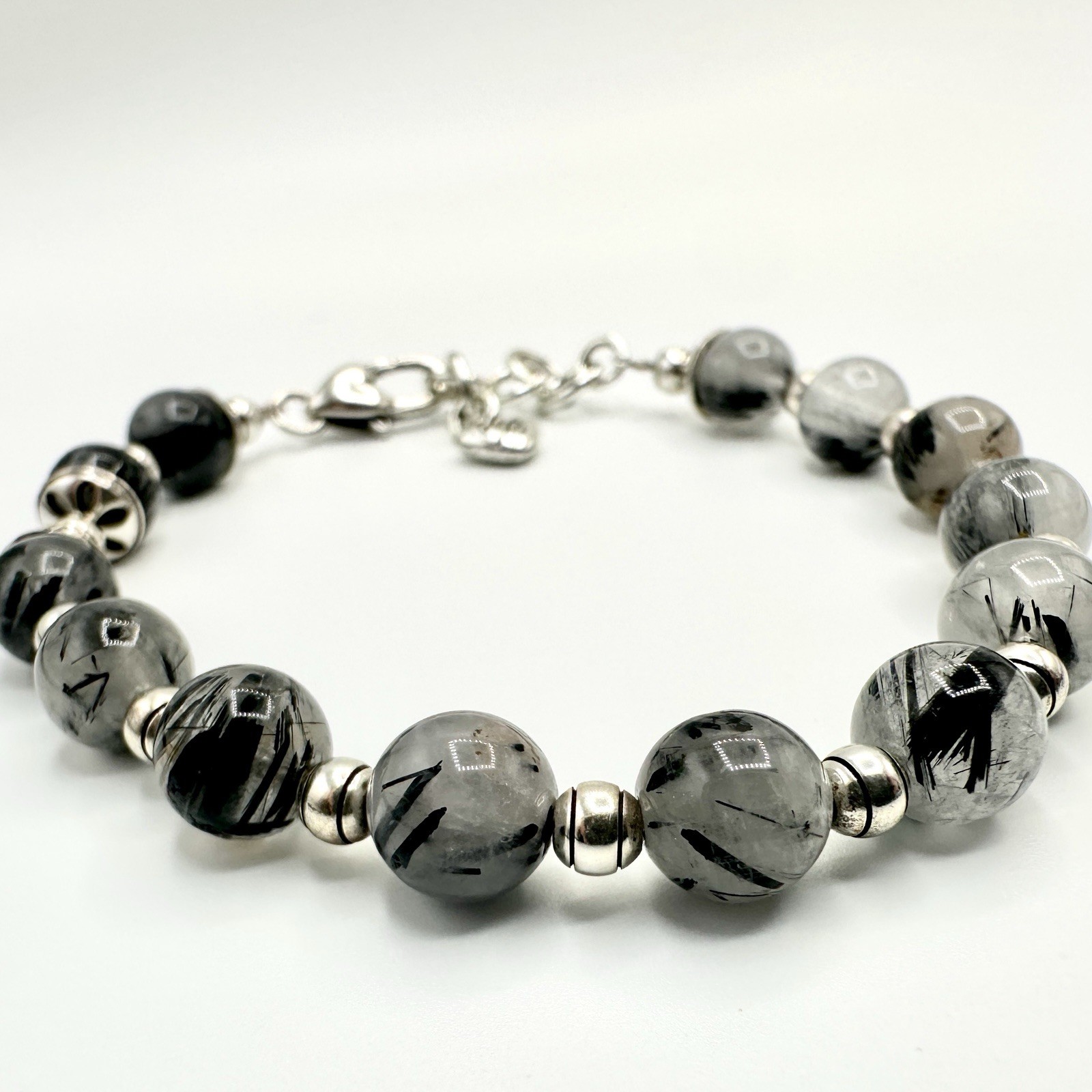 Vintage BRIGHTON Black Rutilated Quartz Beaded Bracelet Gray Marbled Silver Tone