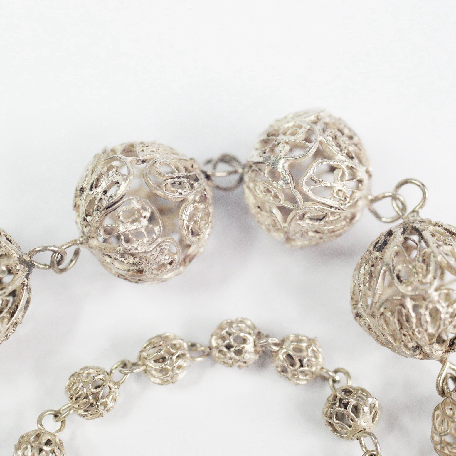 Vtg Sterling Silver Filigree Cannetille Graduated Ball Bead Necklace 19” 17.97 g