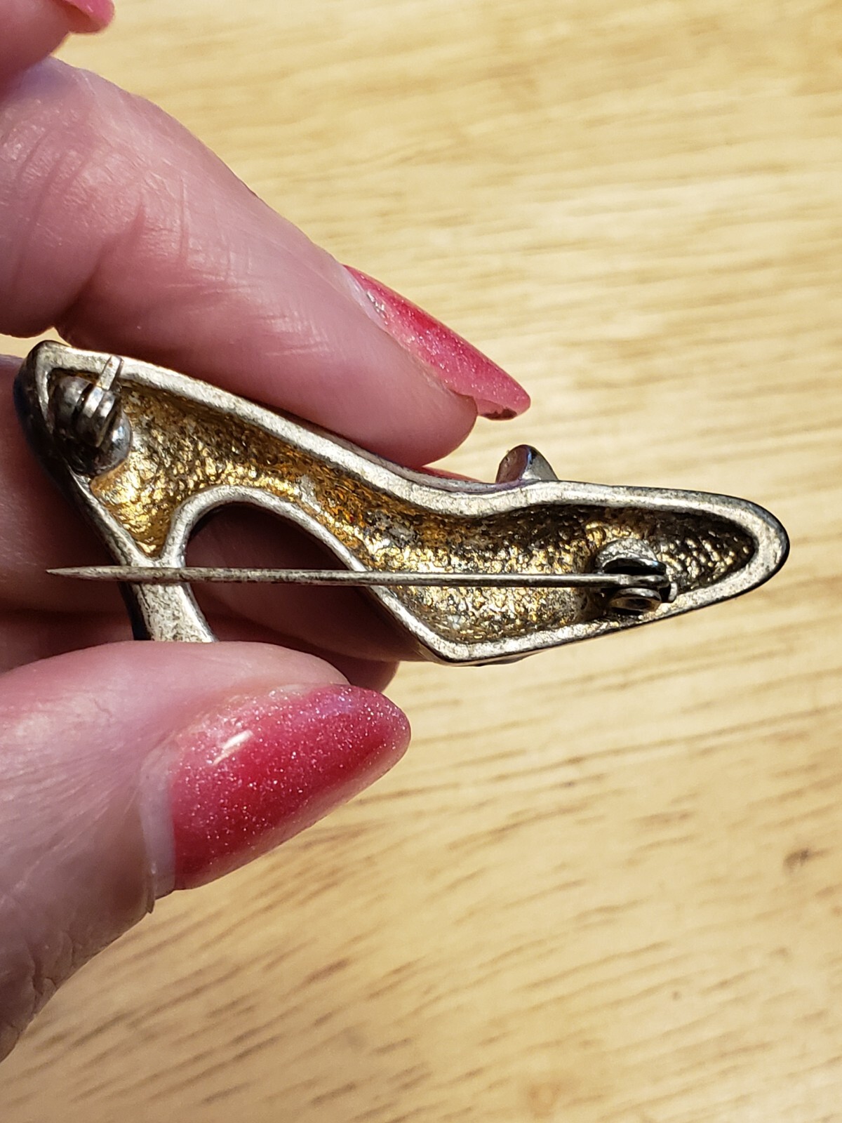 Vintage, High Heel Shoe Pin with Blue Enamel & Rhinestone Bow 1 1/2” across