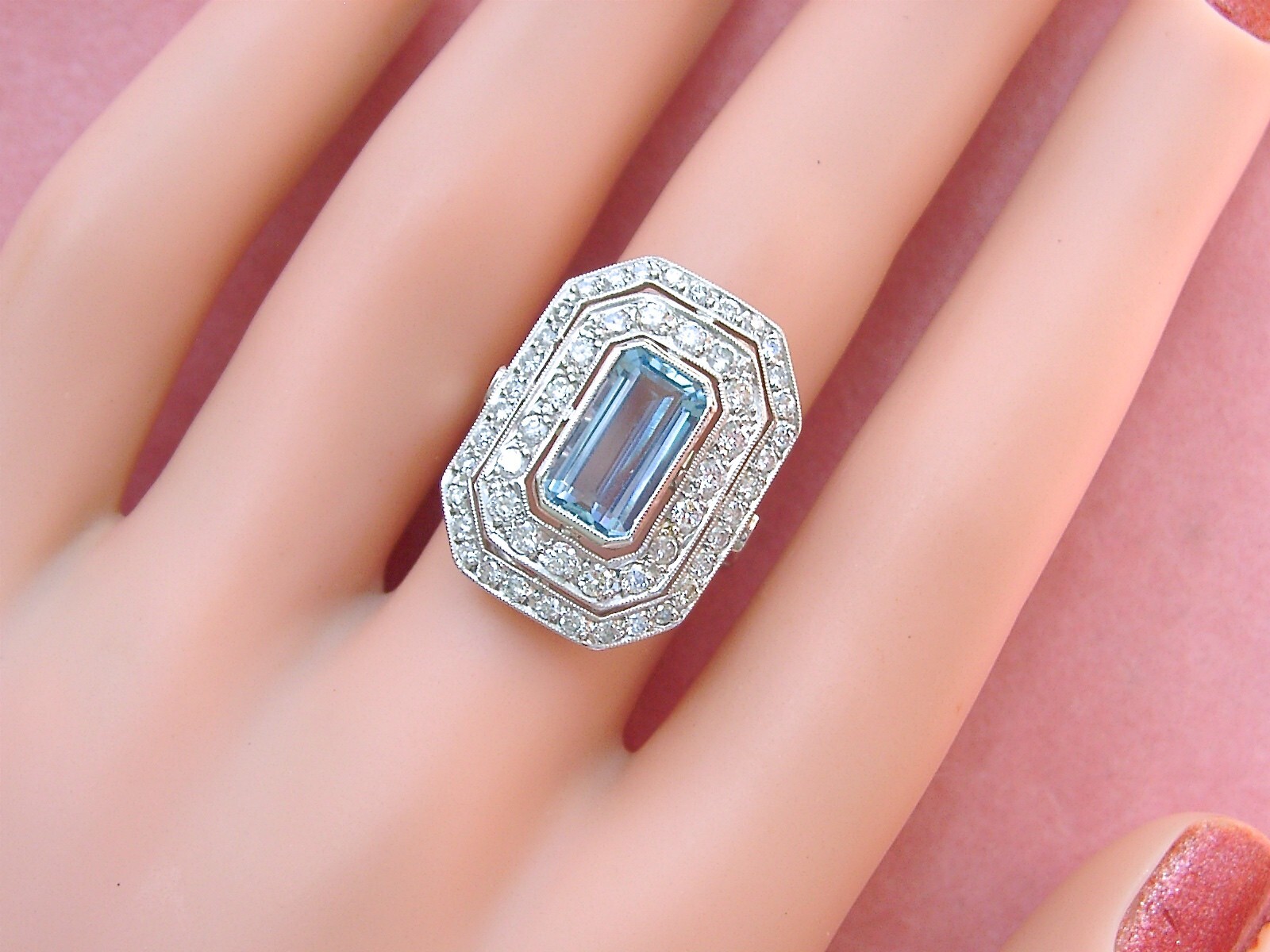 ESTATE DECO 1.55ct AQUAMARINE 1ctw OLD DIAMOND PLATINUM COCKTAIL RIGHT-HAND RING