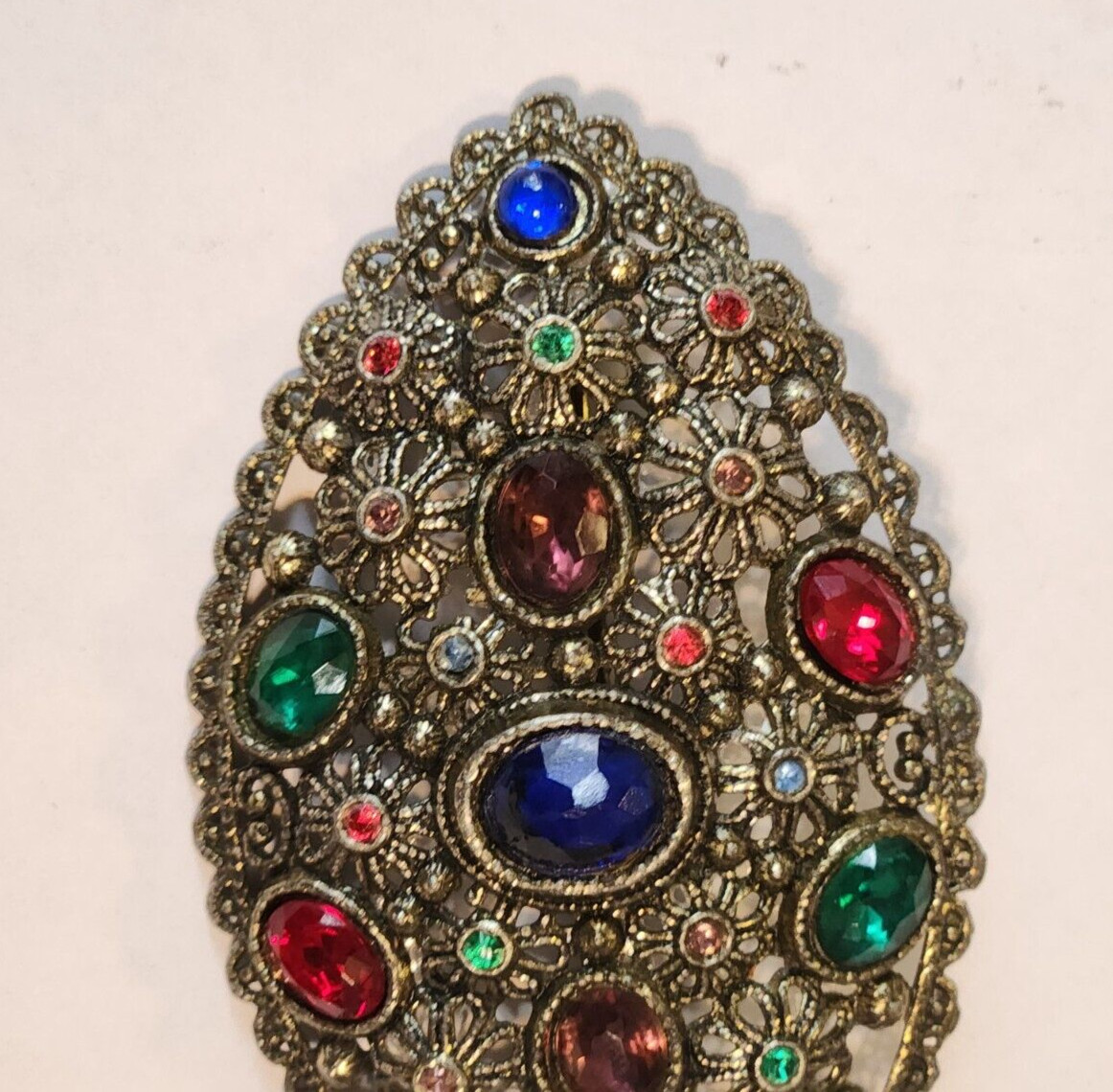 Vintage New England Glass Works Czech Filigree MultiColored Gemstones Pin Brooch