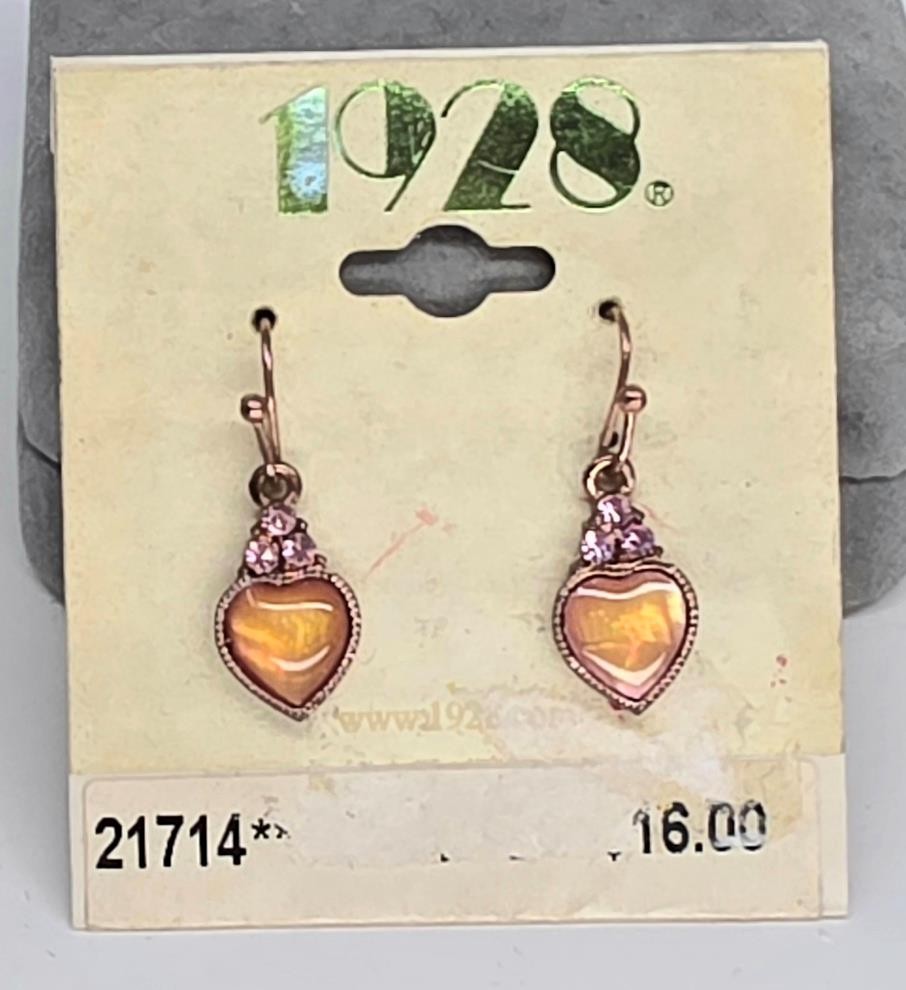 NEW ON CARD HEART DANGLE 1928 EARRINGS ROSE GOLD TONE SETTING~FREE US SHIP