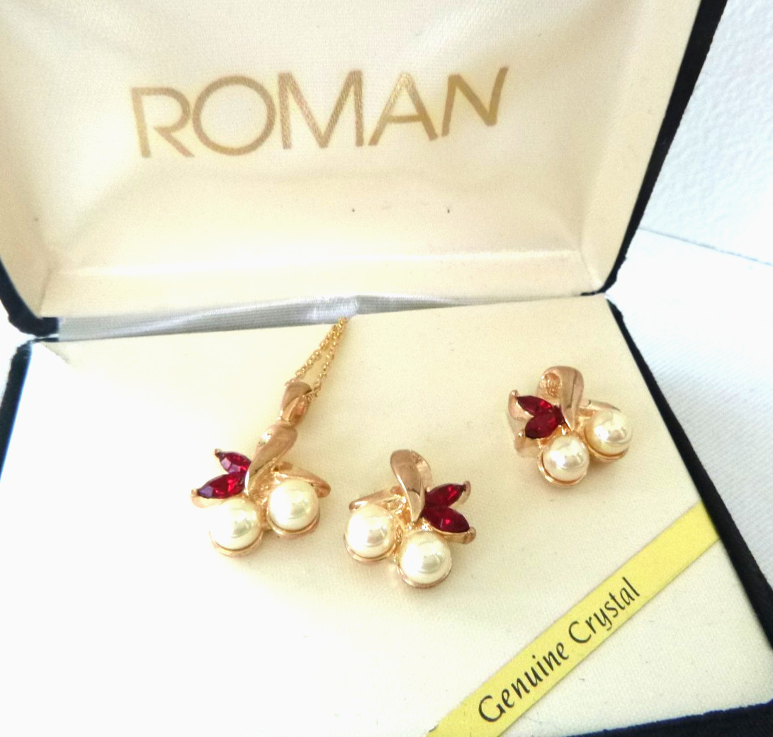 Elegant ROMAN Vintage 18″ Necklace 3/4″ Earrings Set Red Crystals Sim Pearls
