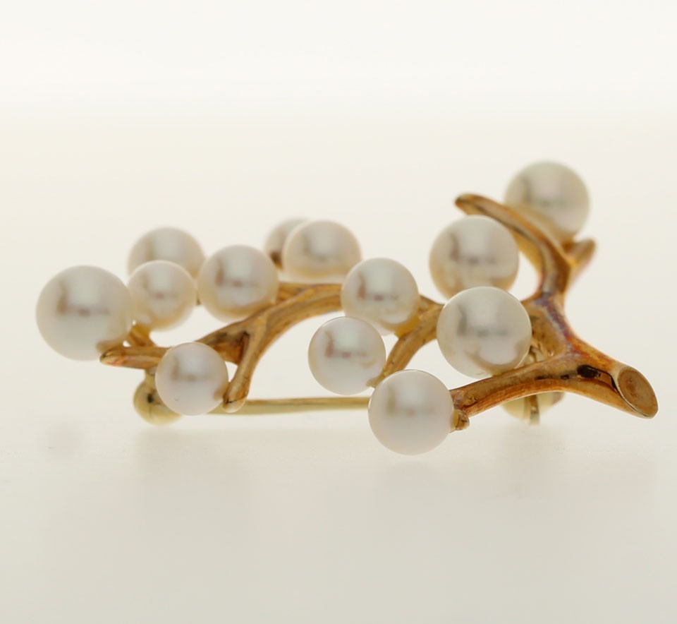 Vintage Estate Mikimoto Pearl Tree Of Life Pin Brooch 14K YG 1 ⅜” Long + Box