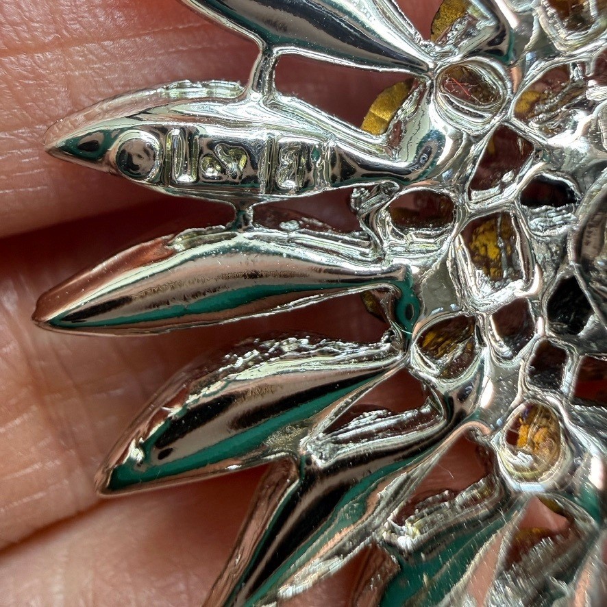 Vintage Lisner Sunflower Rhinestone Brooch Blue White Rhinestones Signed READ