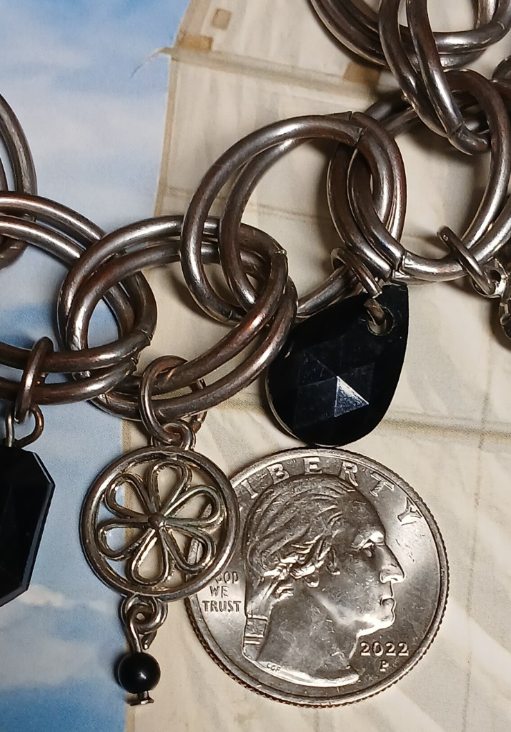 Monet Silver Tone Chain Link Bracelet w/9 Charms, Gems, Hearts and Flower Design