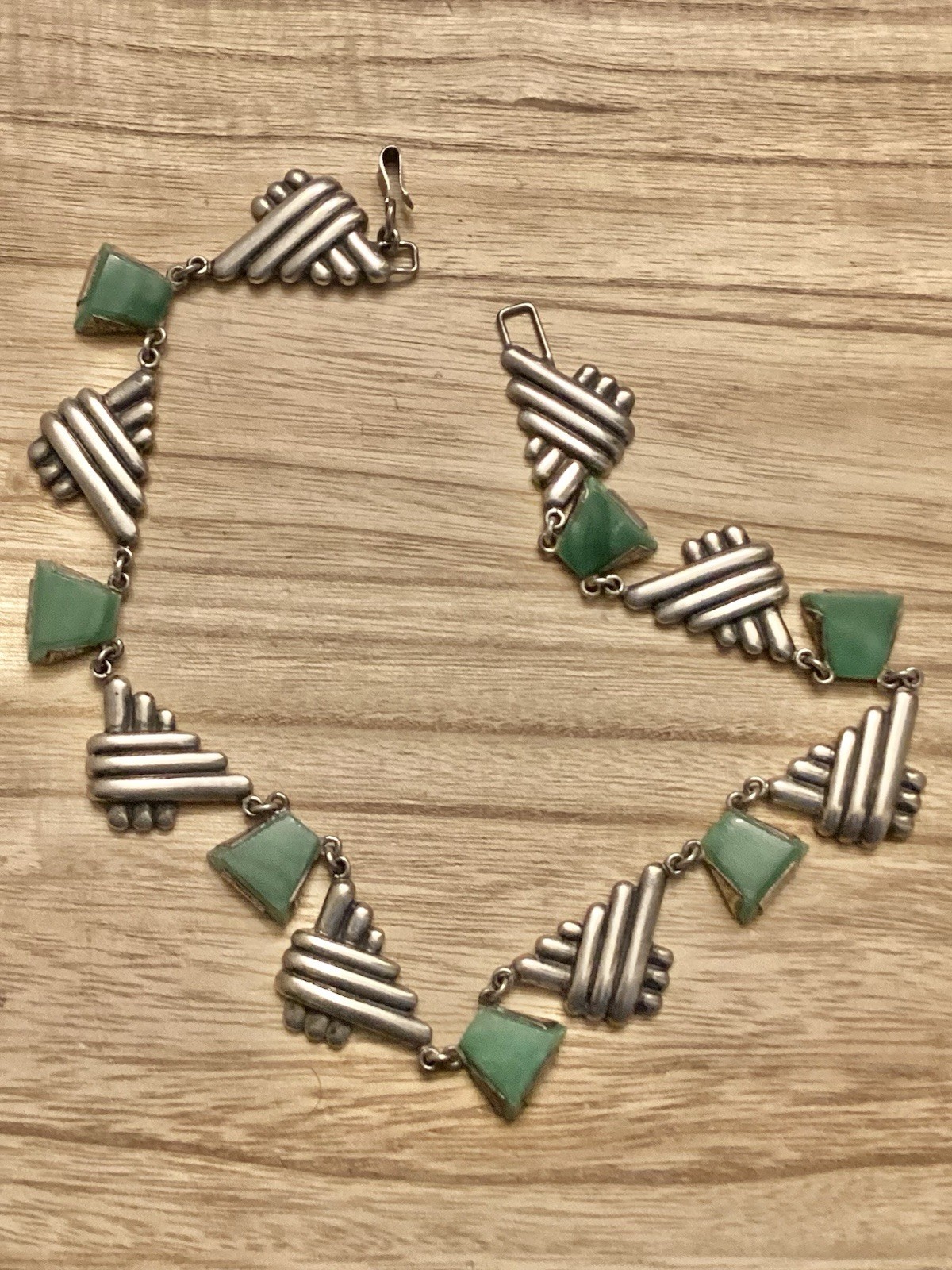 Mexico Sterling Art Deco Green Gemstone Choker Necklace 15”.