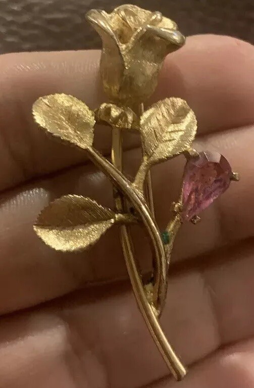 Mothers Day Rose Brooch Vintage Signed Avon Pin Flower Pink Rhinestone Gold Tone