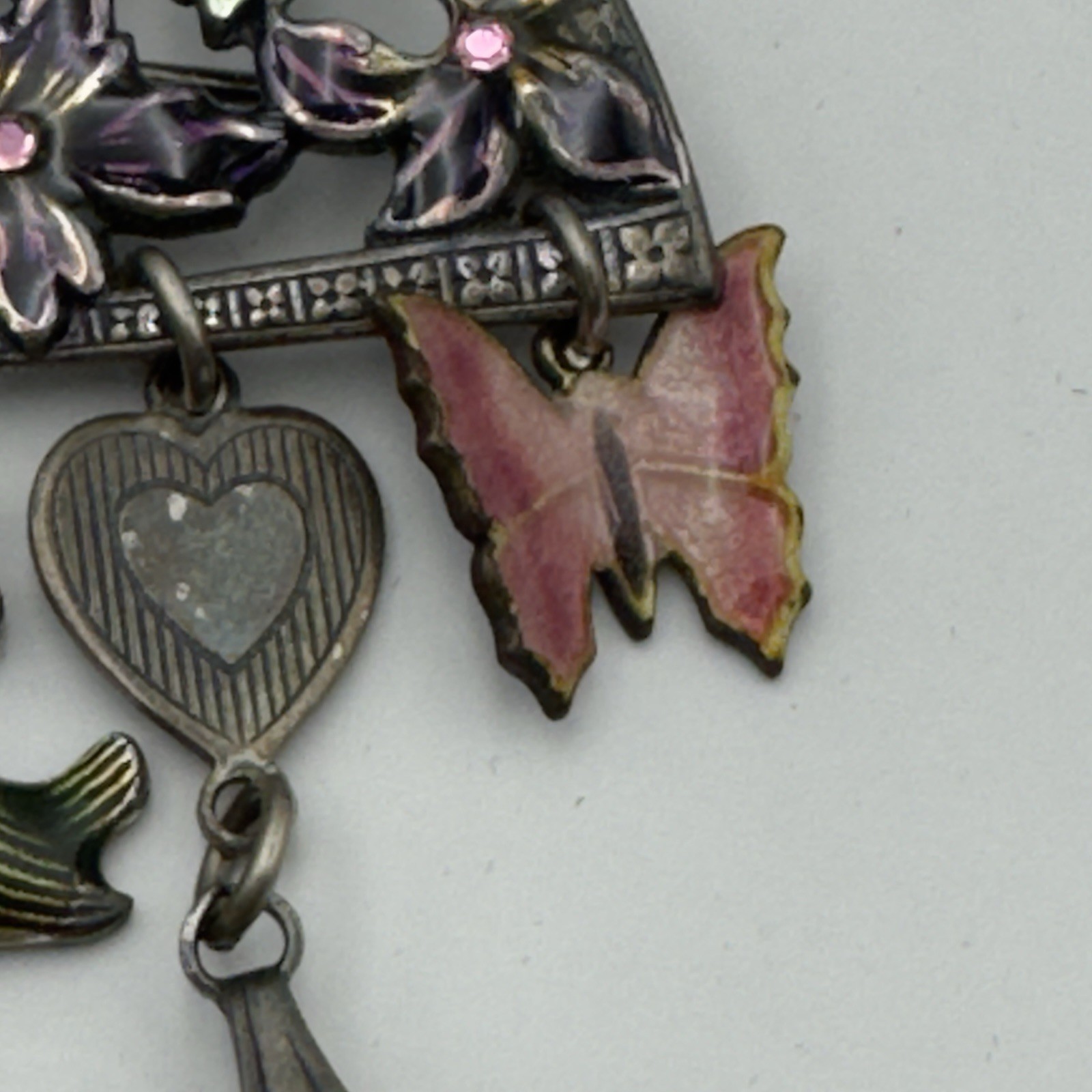 Glass Works Studio Dangling Victorian Charm Brooch Pin Heart Butterfly Birds Vtg