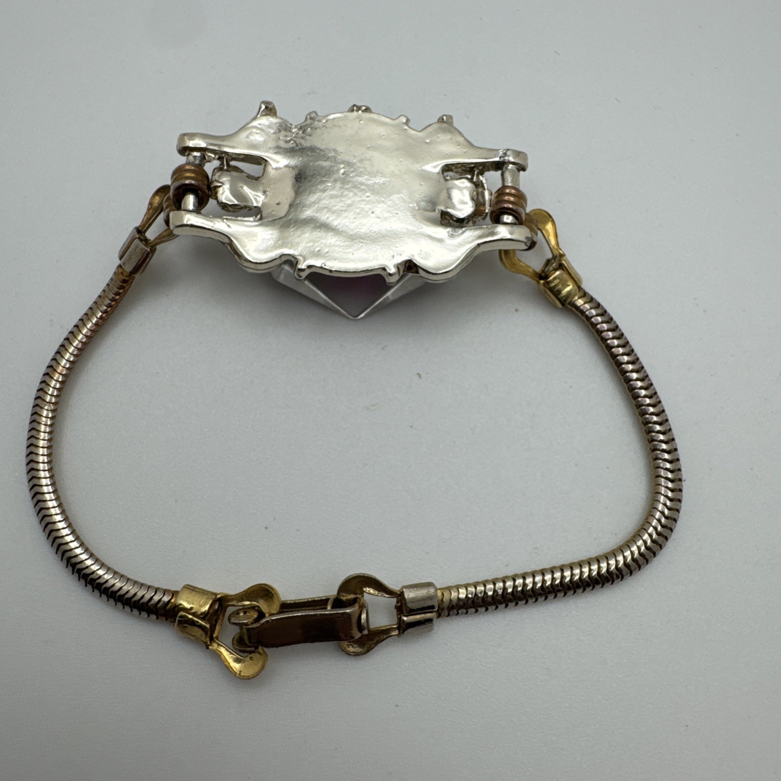 VTG Orchid White Purple Flower Snake Chain Two Tone Bracelet Clear Gem Woman