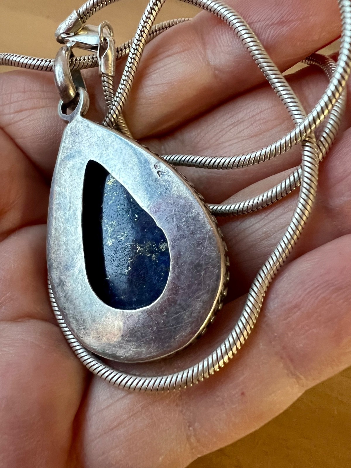 VINTAGE LARGE LAPIS LAZULI PENDANT THICK SNAKE CHAIN NECKLACE 925 STERLING SLVER