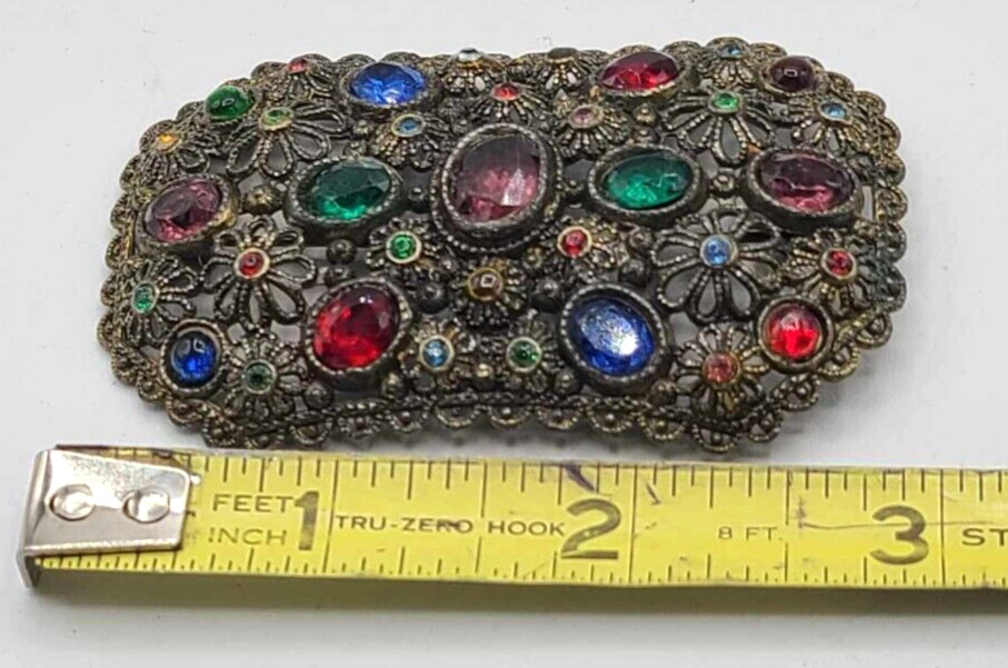 Vtg 1940s New England Glass Works Brooch Pin Floral Design Faceted Stones ~3″L