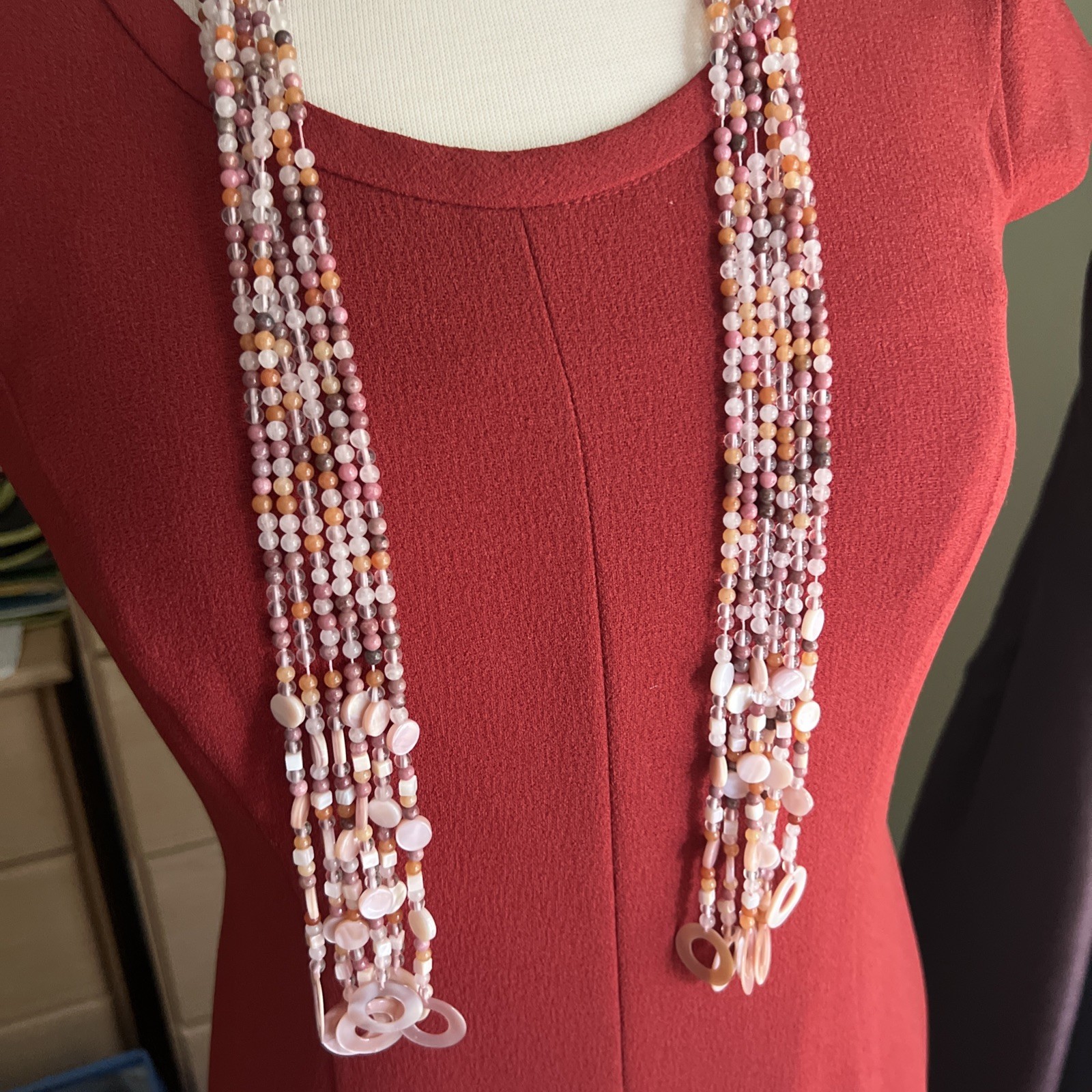 Beautiful Multi Strand Sajen Wrap Necklace Semi Precious Stones Bead MOP Shell