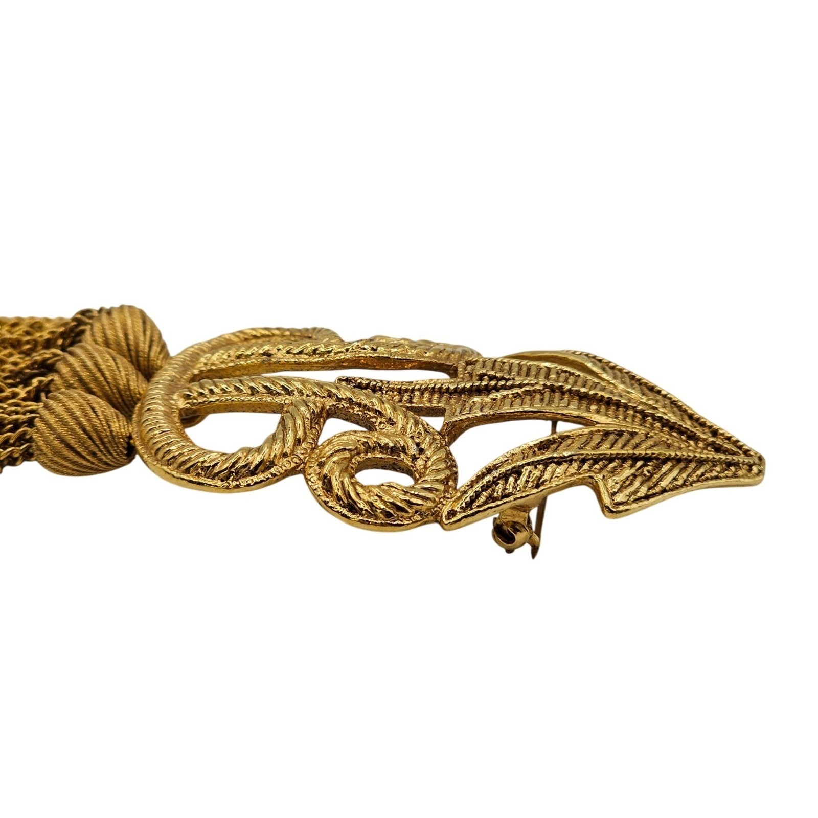 Designer Carol Dauplaise 4″ Tassel Brooch Statement Gold Tone Vtg Knot Dangle