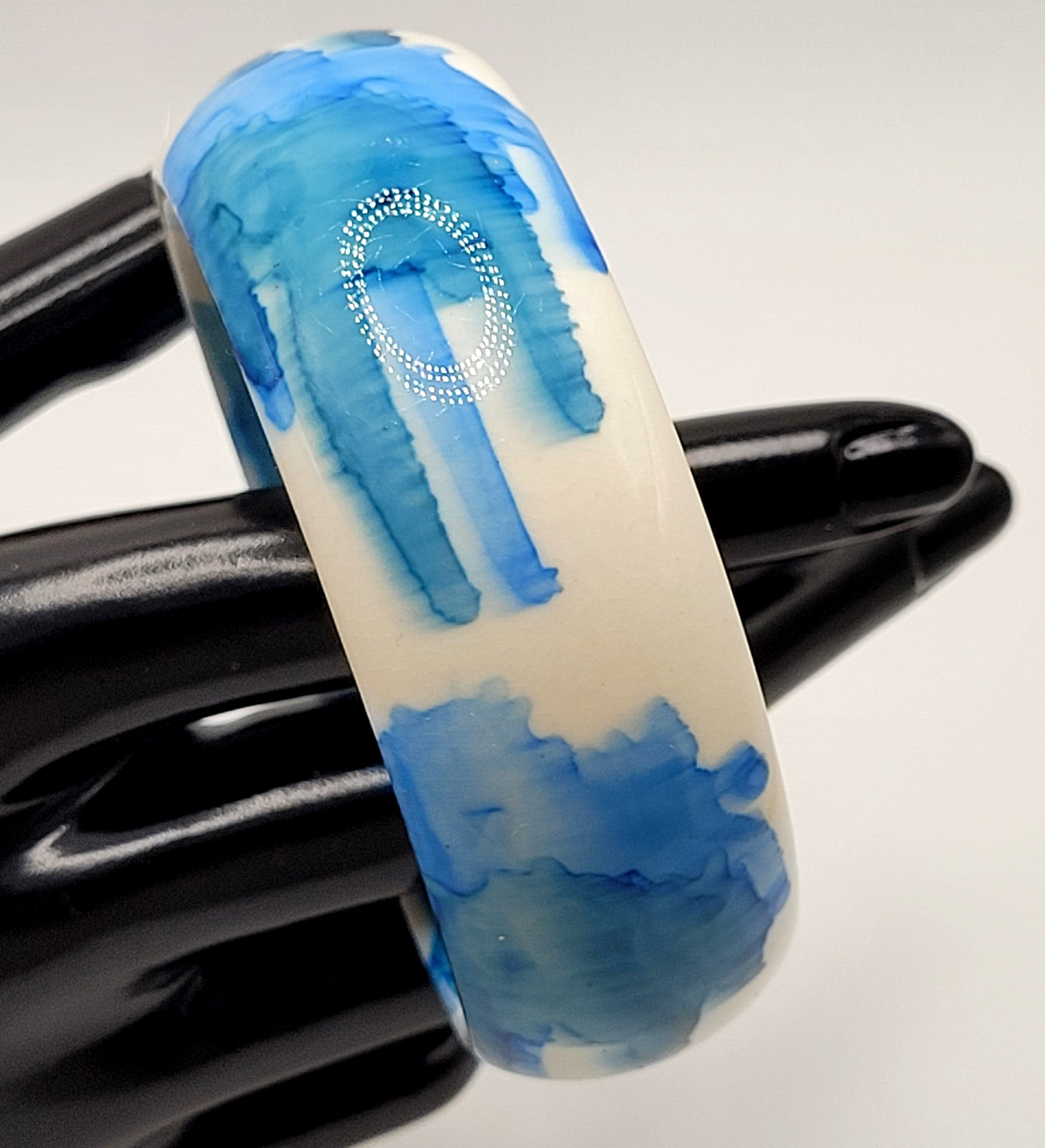 Marbled Watercolor Ink Blot Design Blue White Acrylic Chunky Bangle Bracelet