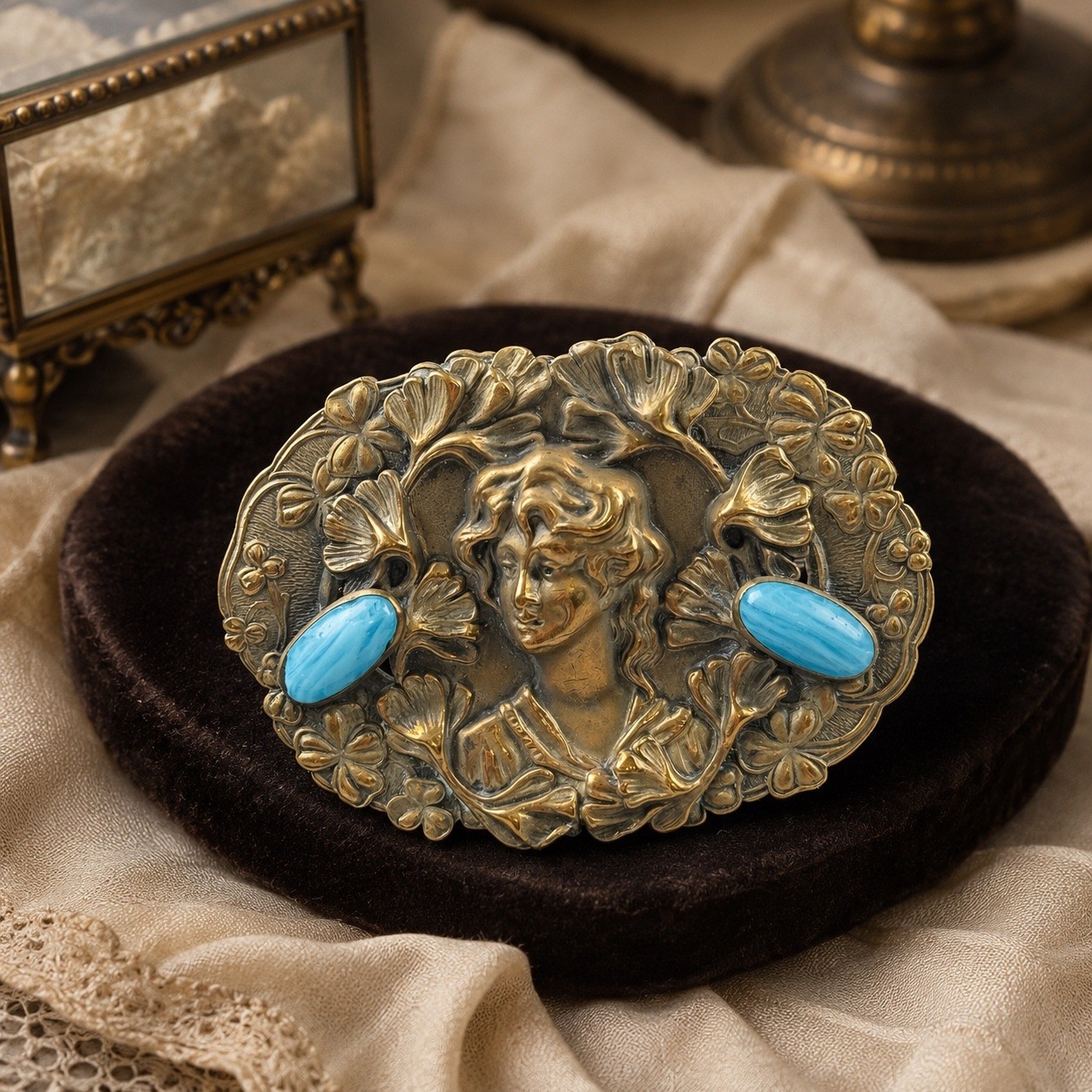VTG Art Nouveau Revival Repousse Maiden Sash Pin Brooch Ginkgo Faux Turquoise