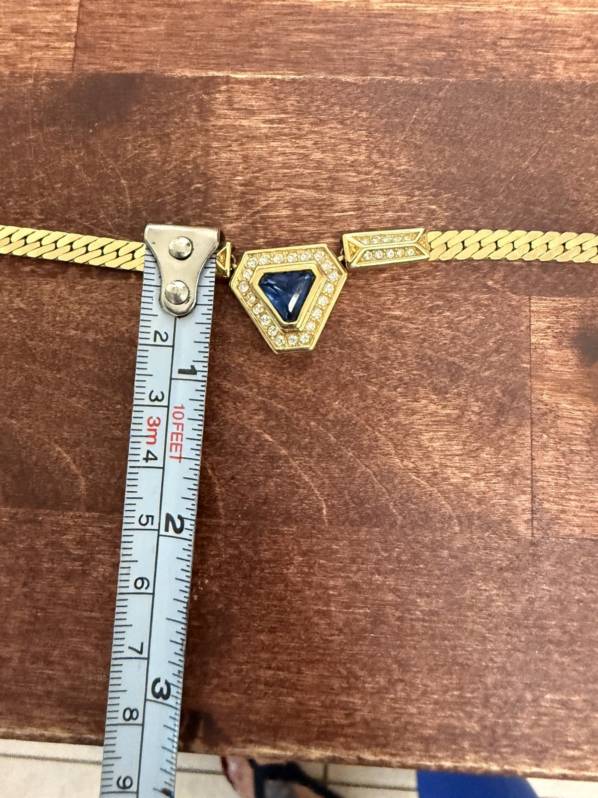 Vintage Christian Dior Blue Crystal Geometric Statement Necklace Gold 17-19”