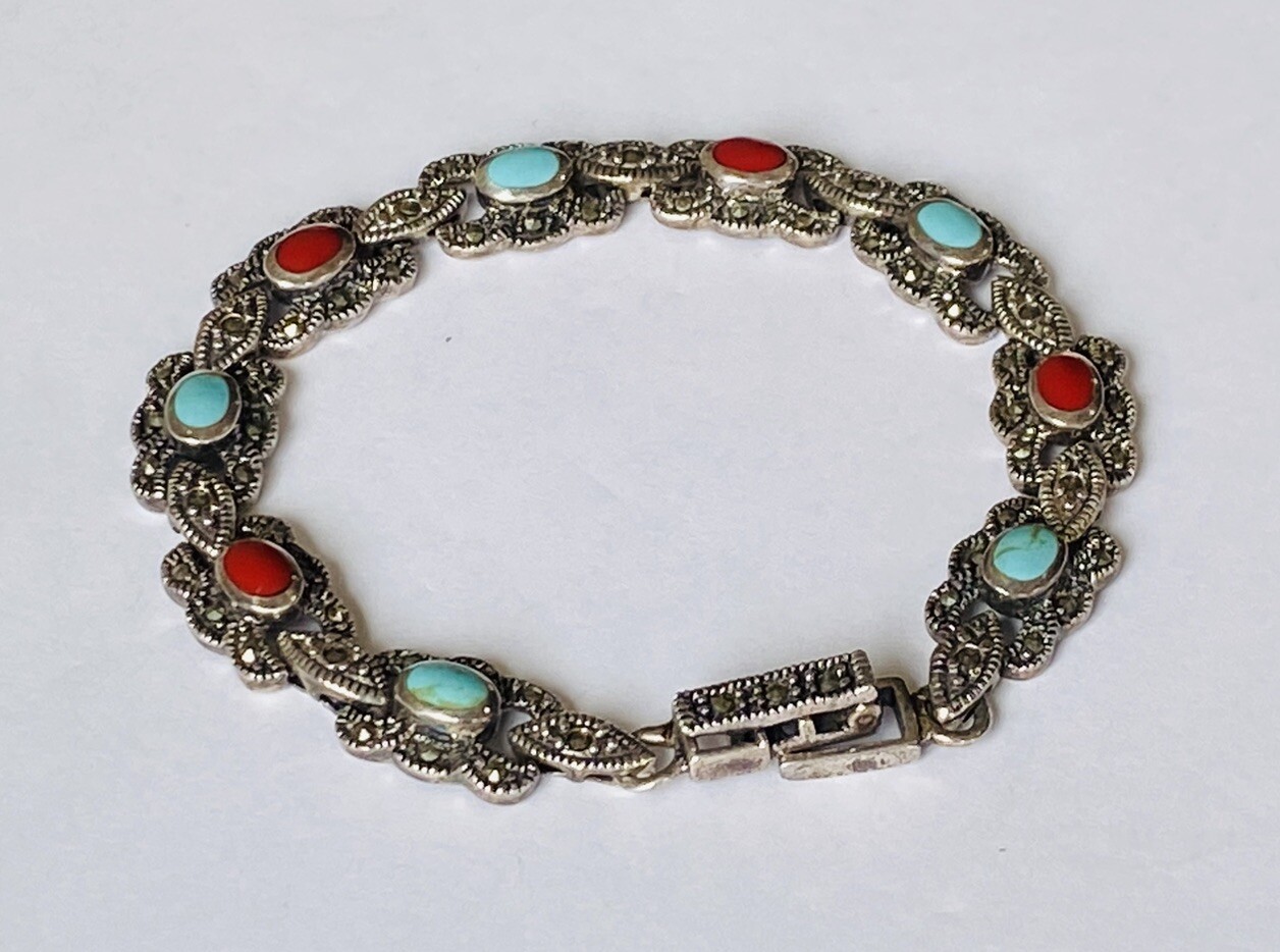 Vintage Sign Sterling Silver Multi Stone Turquoise Coral Marcasite Link Bracelet