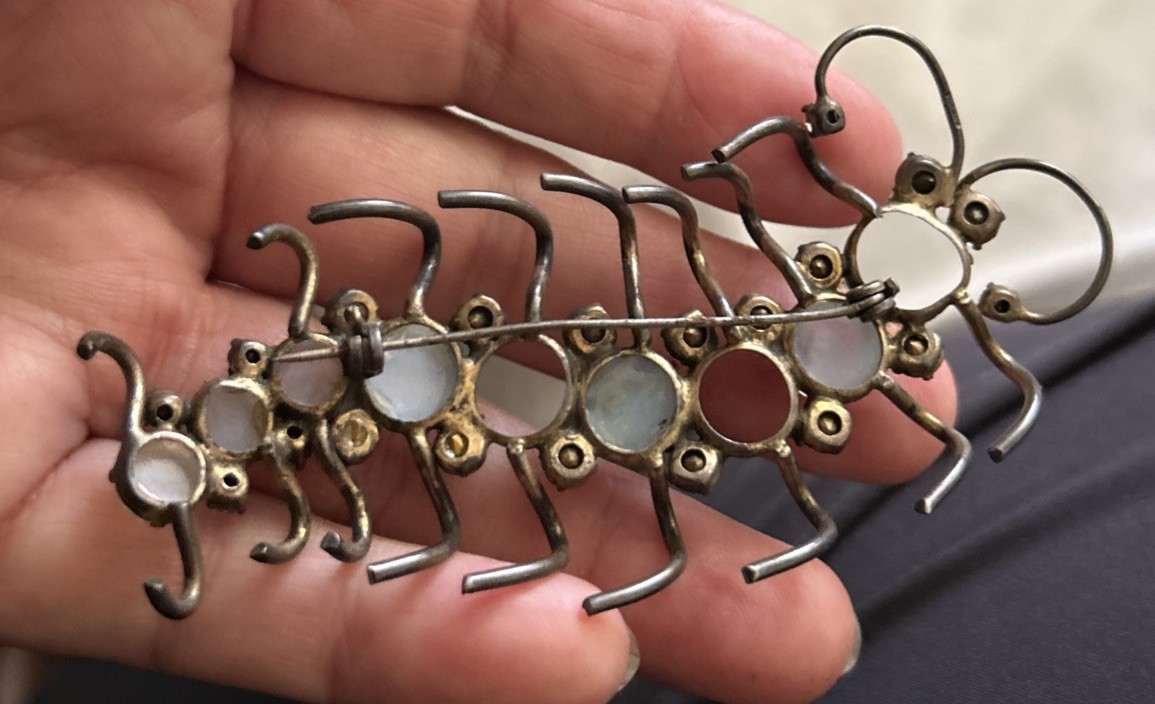 Vintage Sterling Moon Glow Stones Prong Set Rhinestone Centipede Brooch Repair