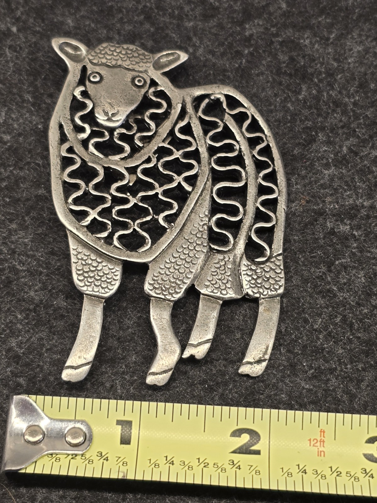 Vintage Pewter Toned Artisan Style Curly Wool Sheep Large Brooch