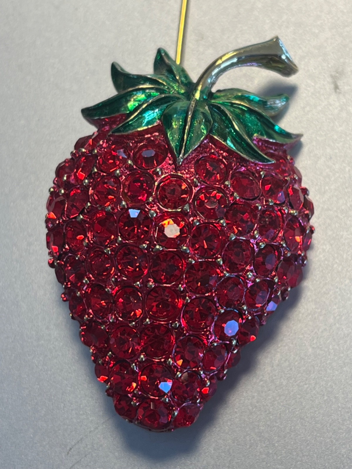 Yummy Red Crystal Rhinestone &Enamel Strawberry Brooch by Revere 1.75″Lx1.25″W