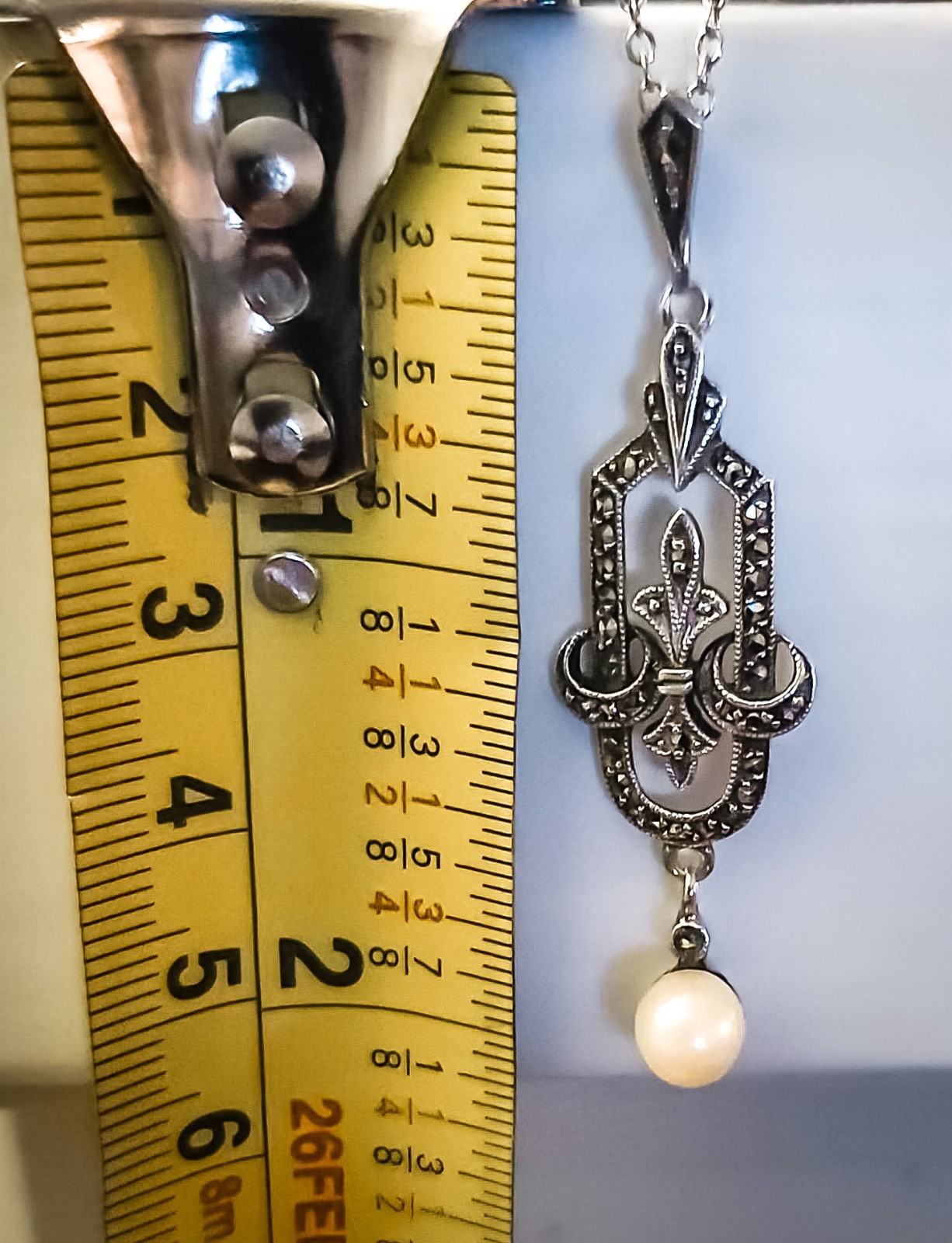 Antique Art Deco 935 Silver Marcasite & Pearl Pendant Necklace 18″, Pristine