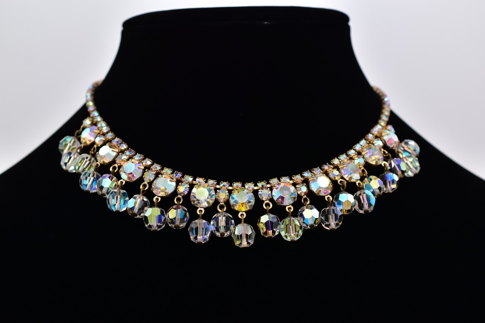 Vintage Crystal Choker Necklace AB Cluster Prong Rhinestone Gold Retro 50s BinBN