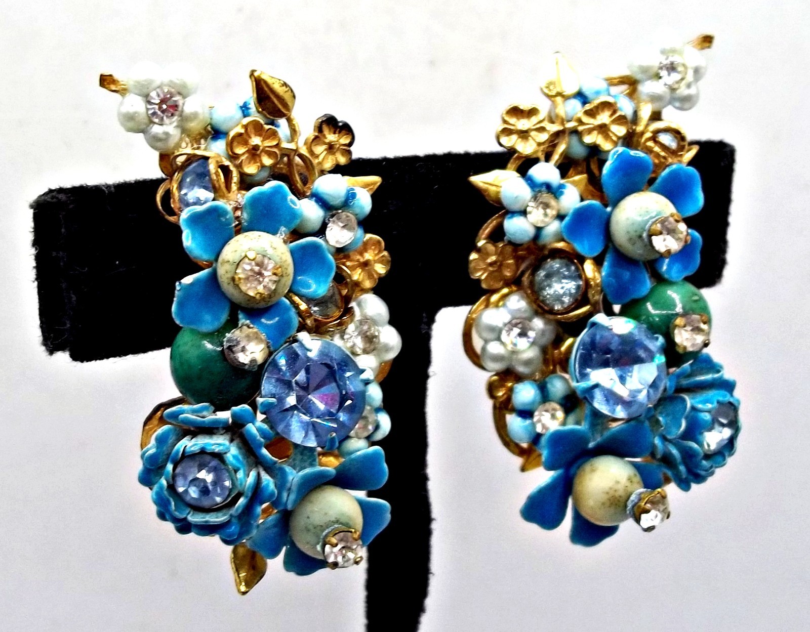 Vintage 50’s Blue Enamel Forget Me Not Pearl Rhinestone Earrings ROBERT DE MARIO