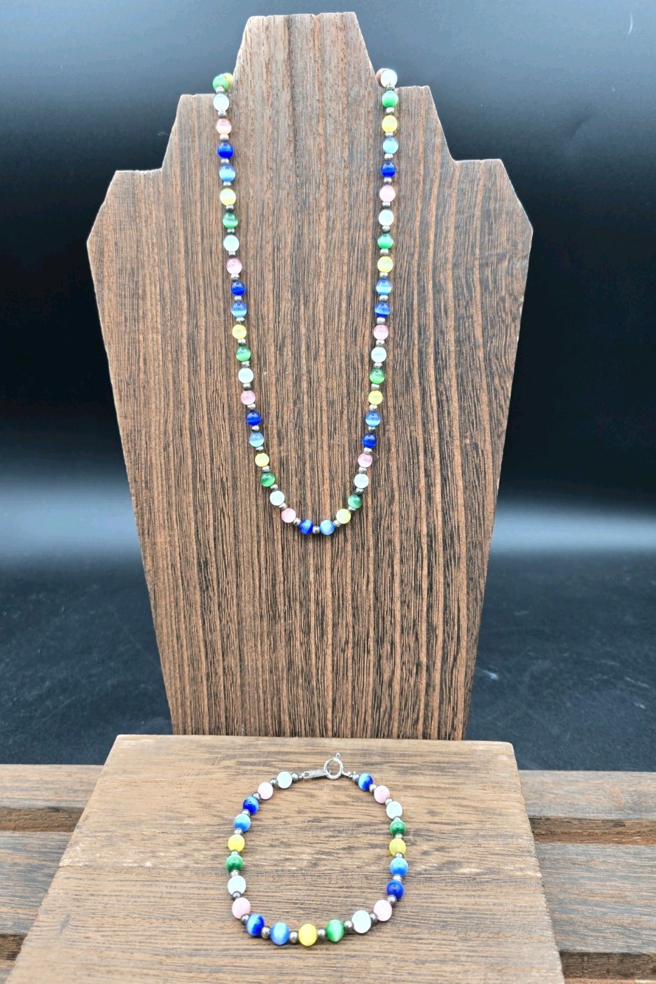 925 Sterling Silver Multicolor Glass Cat Eye Bead Necklace 18″ and Bracelet 7.5″