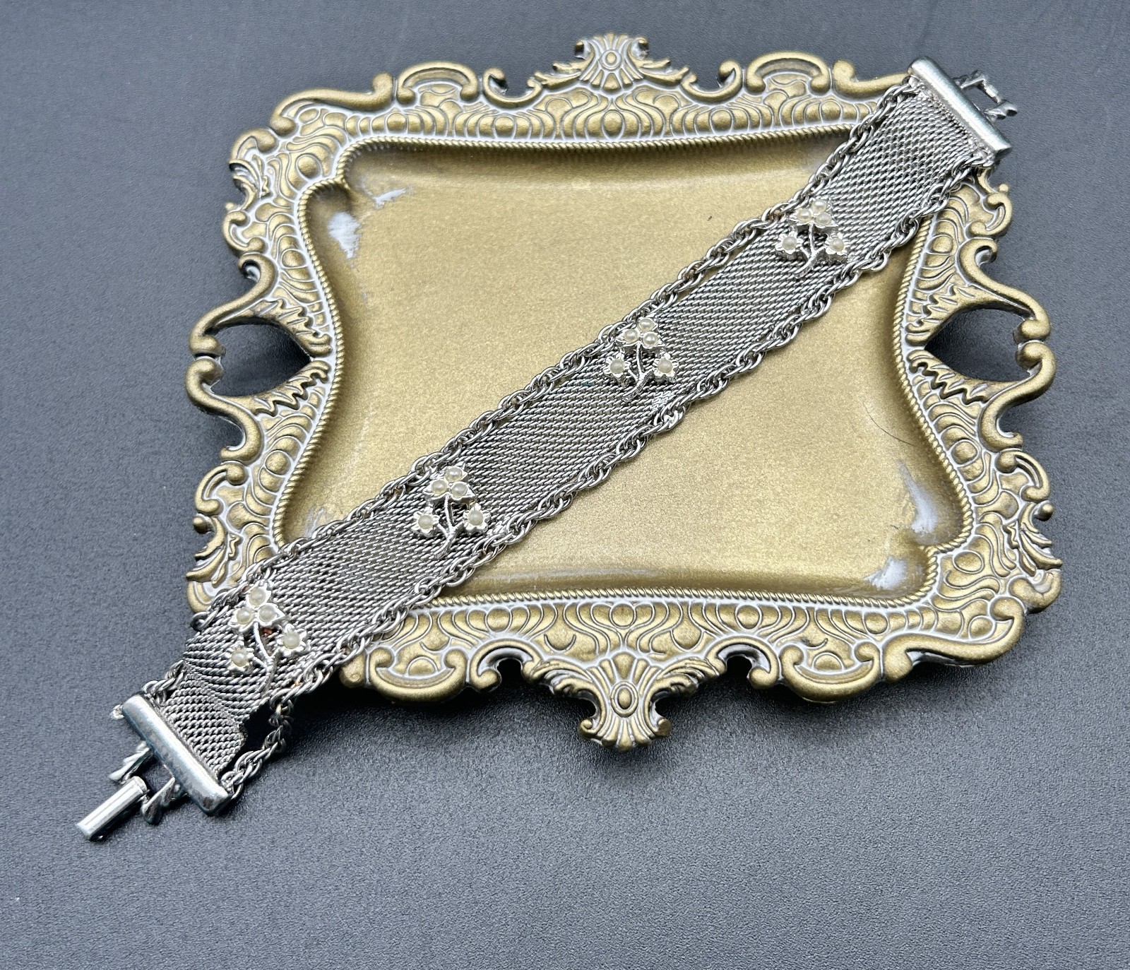 Vintage Goldette NY Mesh Bracelet Slide Cuff Victorian Revival Faux Pearl Silver