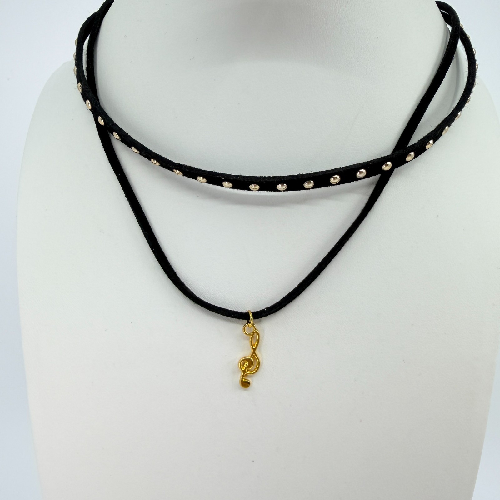 Vintage Black Choker Necklace Layered Double Strand Suede Studded Treble Clef