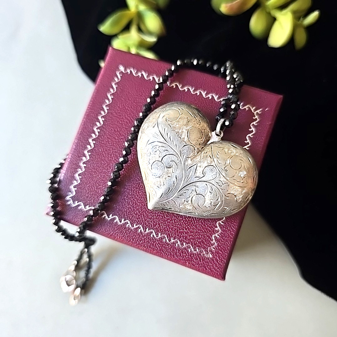 Sterling Silver Puff Heart Pendant Black Glass Sterling Clasp Necklace 18″ L