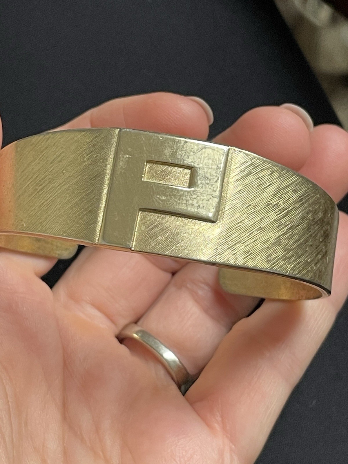 Vintage Brushed Gold-Tone Cuff Bracelet Monogram Letter P