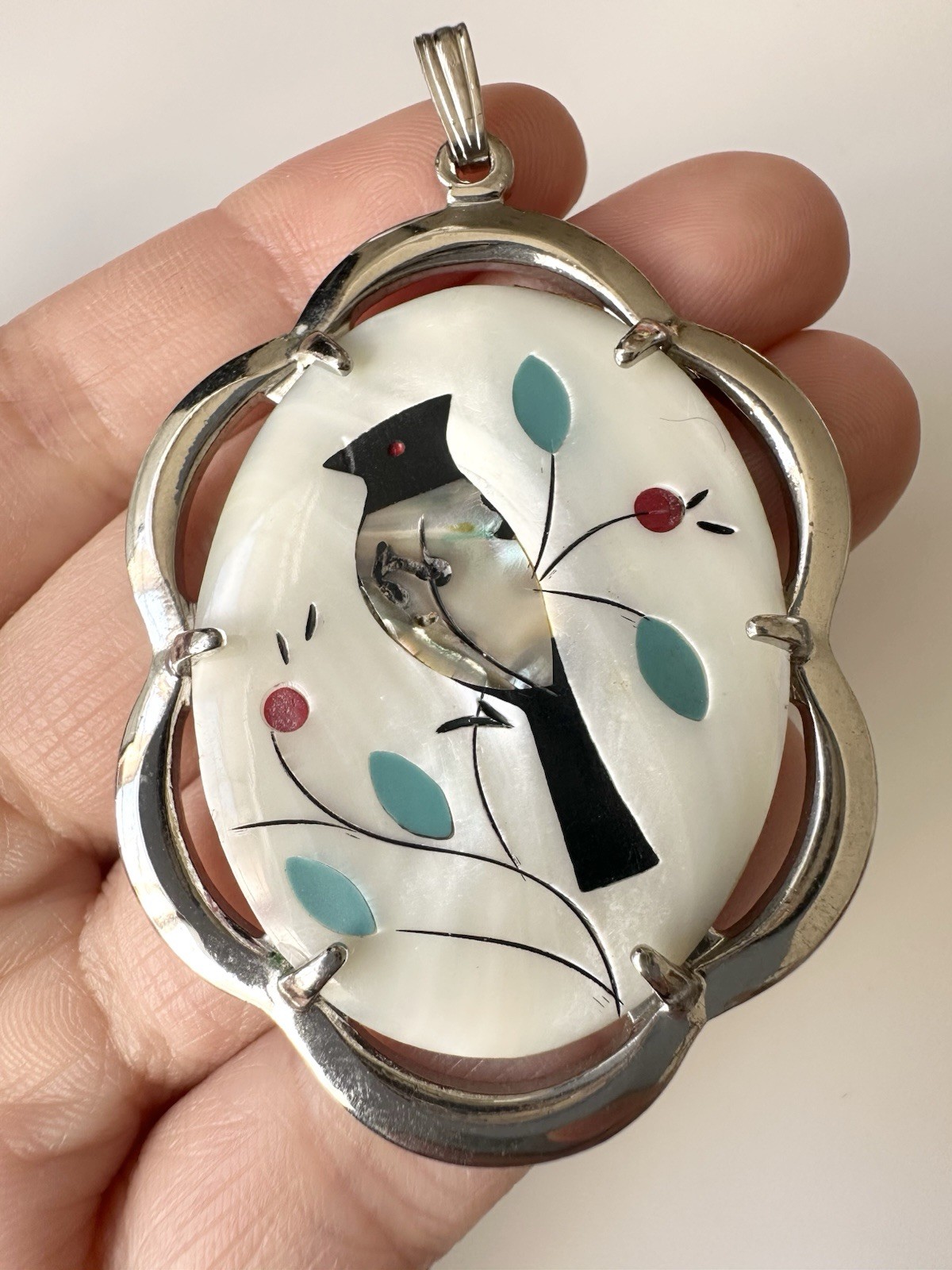 Vintage Mother of Pearl Inlay Bird Pendant Abalone Detail Oval Silver Tone