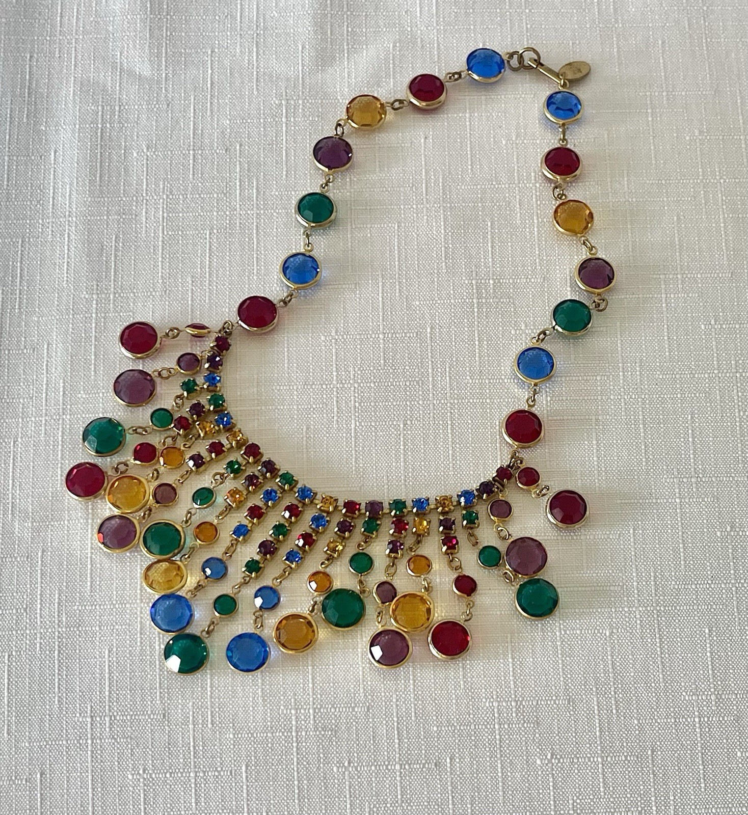 Vintage Signed Miriam Haskell Rainbow Glass Bib Necklace