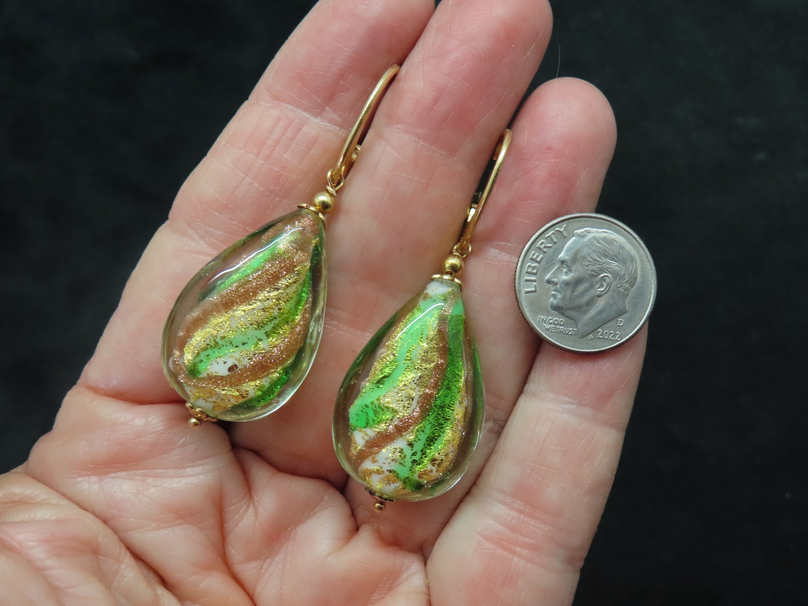 Vintage Sterling Wires w/Gold Wash Art Glass Dangle Pierced Earrings