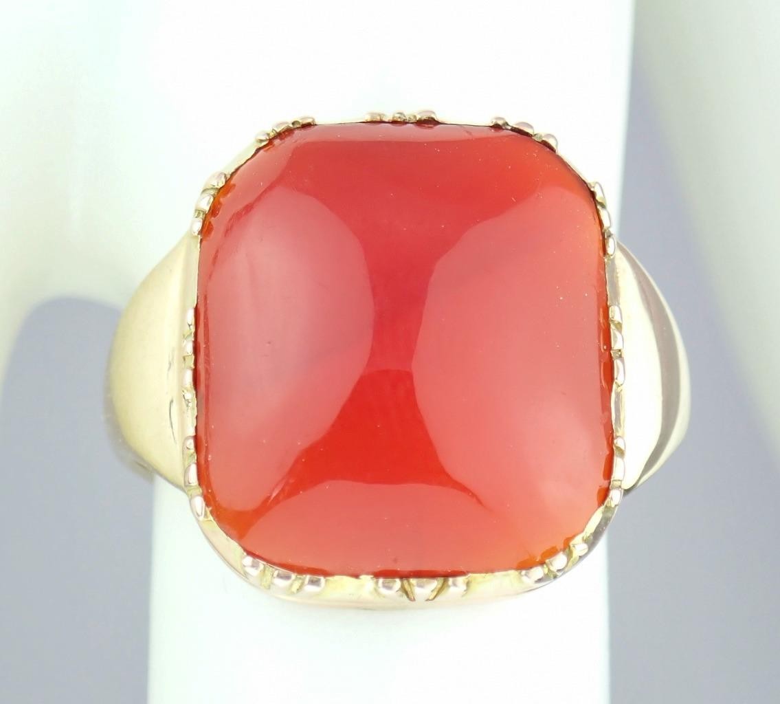 Glowing Antique Victorian DEAKIN & FRANCIS 9K Gold Carnelian Sugarloaf Ring Sz 7