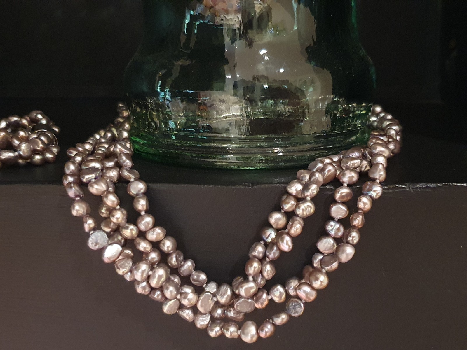 4 Strand Freshwater Pearl Necklace 17.5″ & Bracelet 7.5″ Gray Pink Iridescence