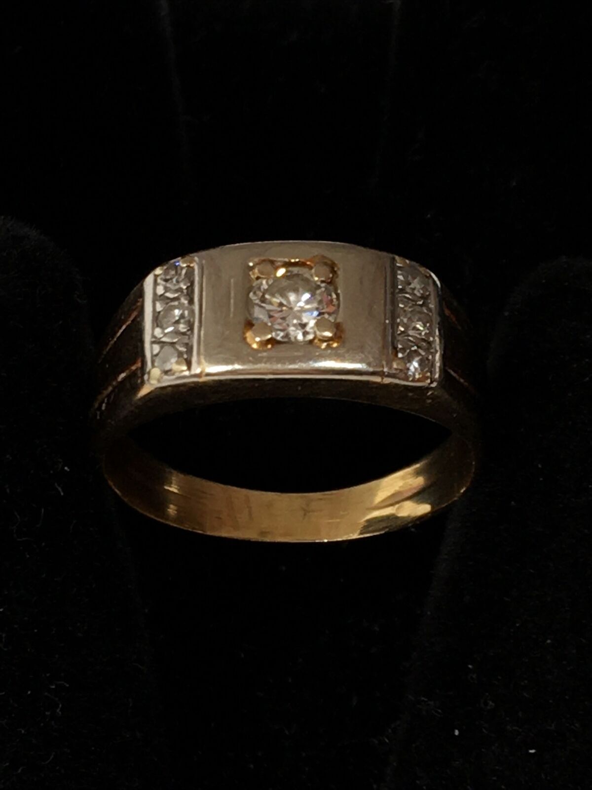 VINTAGE 10K T/Tone Gold Solitaire Round & Diamond Unisex Handmade Band Ring 4.7g