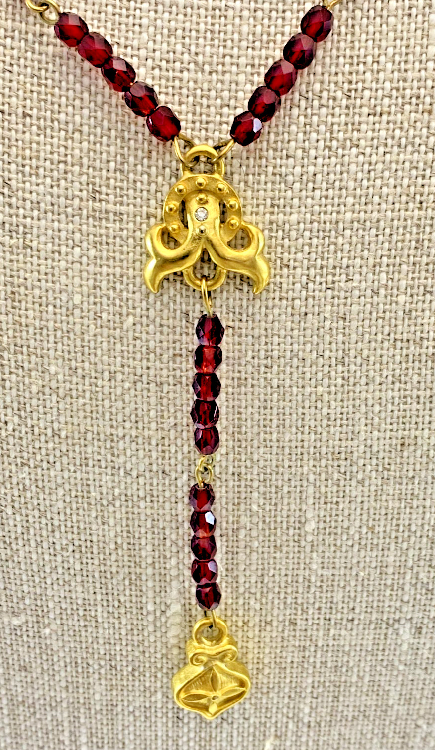 Allison Reed Rosary Style Red Bead Necklace Gold Plated 17″ Vintage NOS