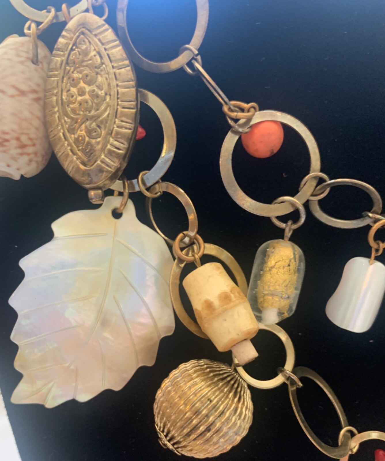 Vintage Metal Link Necklace with Glass and metal Charms stone, faux coin & shell