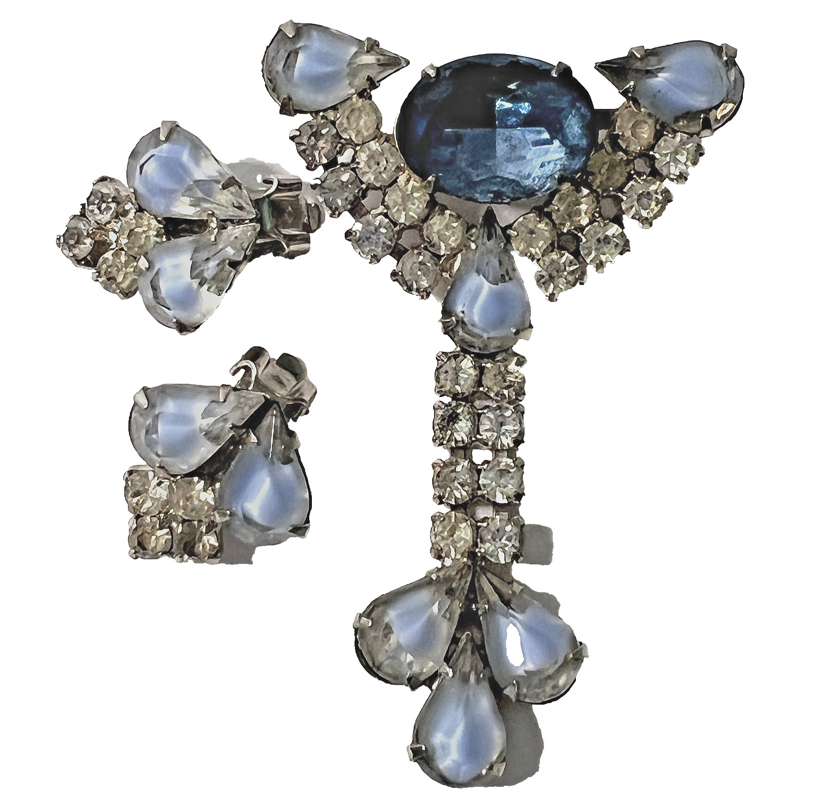 Lrg Vtg Blue Tones Rhinestone Dangle BROOCH w Earrings