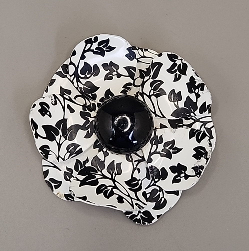 Vintage Enamel Flower Brooch White Black Vines Round 2.75″
