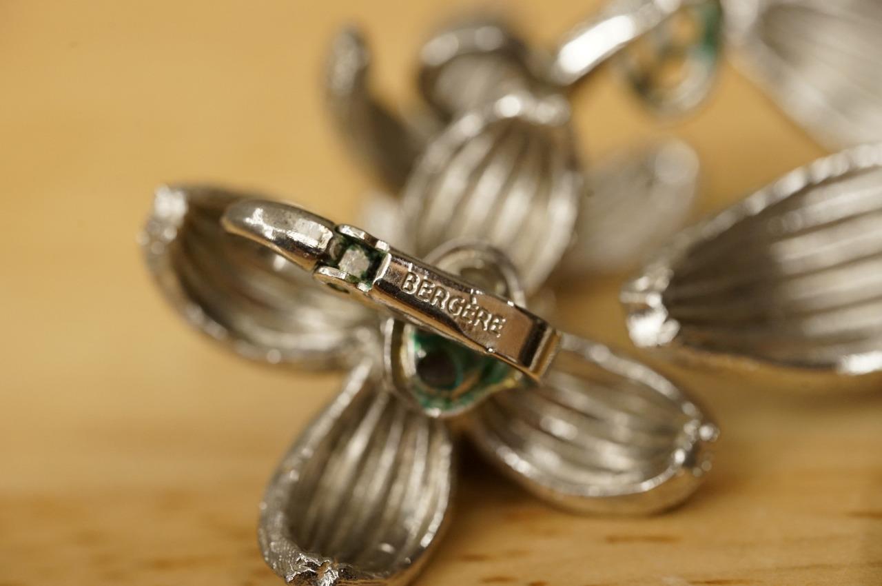Vintage Costume Jewelry Signed BERGERE Silver Flower Brooch Pin & Clip Earrings